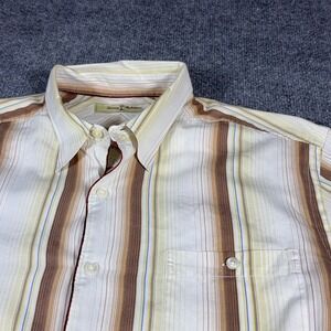 Tommy Bahama Mens Large Silk Cotton Striped Button Down Shirt Long Sleeve Brown